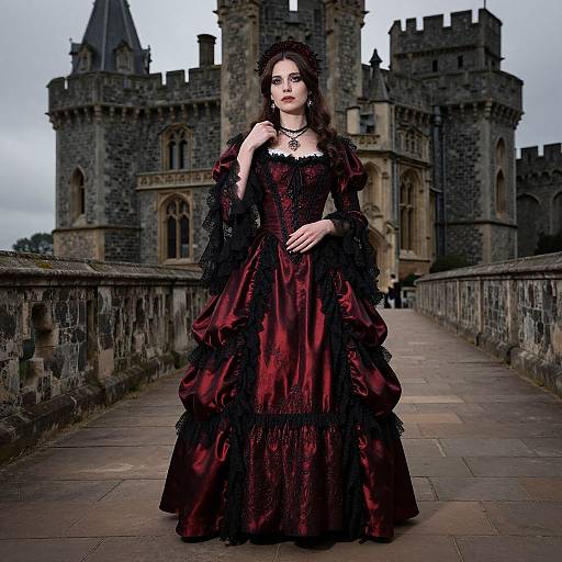Gothic woman in a detailed, dark red and black Victorian dress stands on a stone bridge in front of a medieval castle. Photograph.