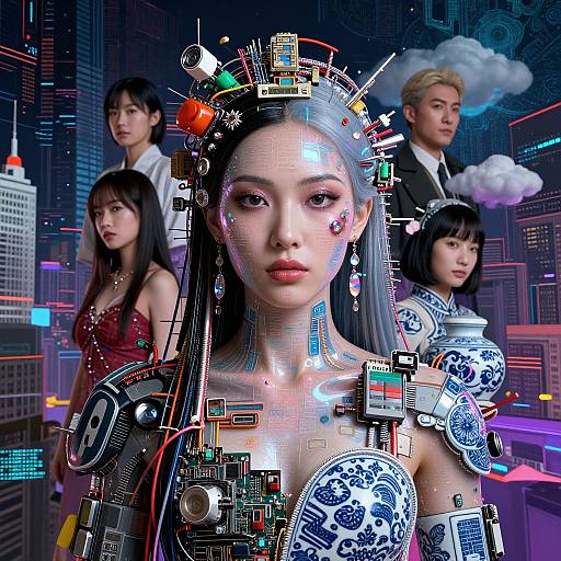 Digital artwork: futuristic Asian woman with cybernetic headgear, surrounded by four other Asian individuals, in a neon-lit, cityscape background.