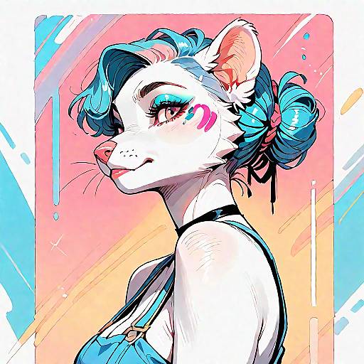 Anthropomorphic White Cat with Blue Hair in Artistic Style