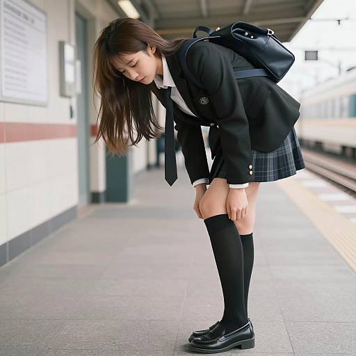 Focused Asian Woman at Train Station