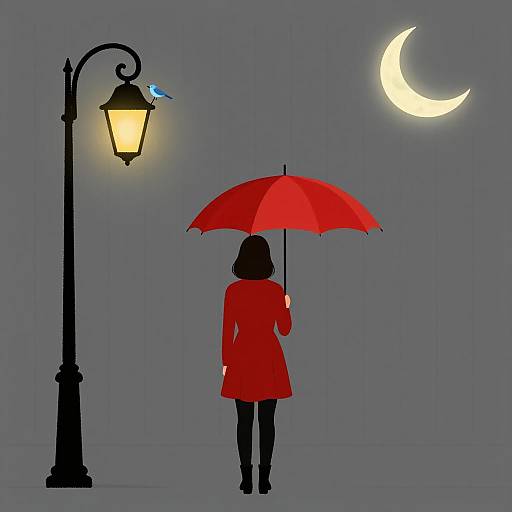 Elegant Figure with Umbrella and Street Lamp