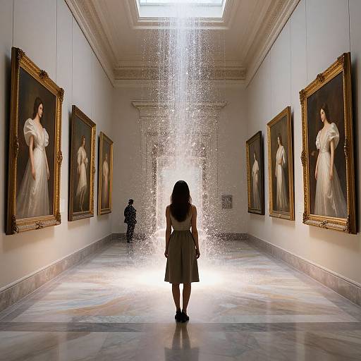 Photograph of a museum gallery with a woman in a gray dress standing in front of a bright, sparkling light between classical paintings.