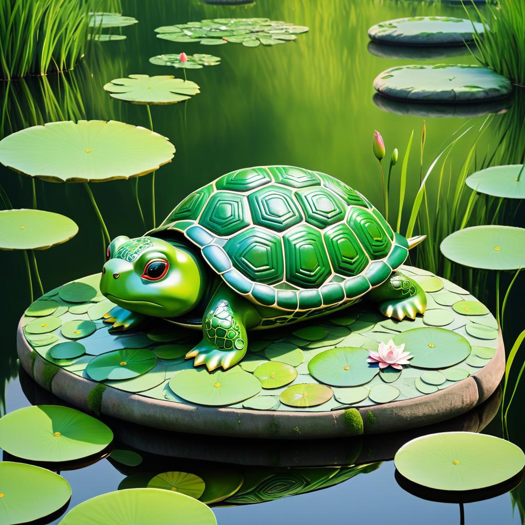 Sunbathing Turtle in Serene Pond Art