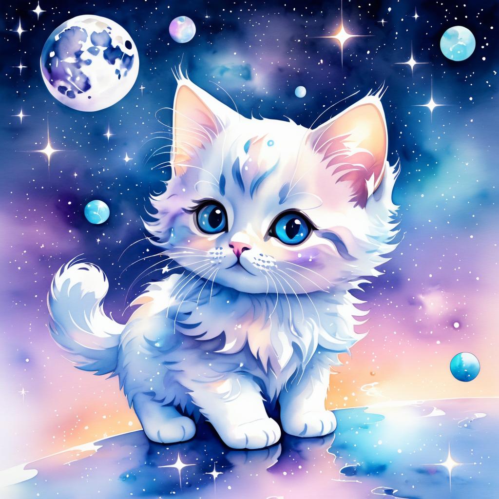 Whimsical Kitten Under Moonlit Dreams