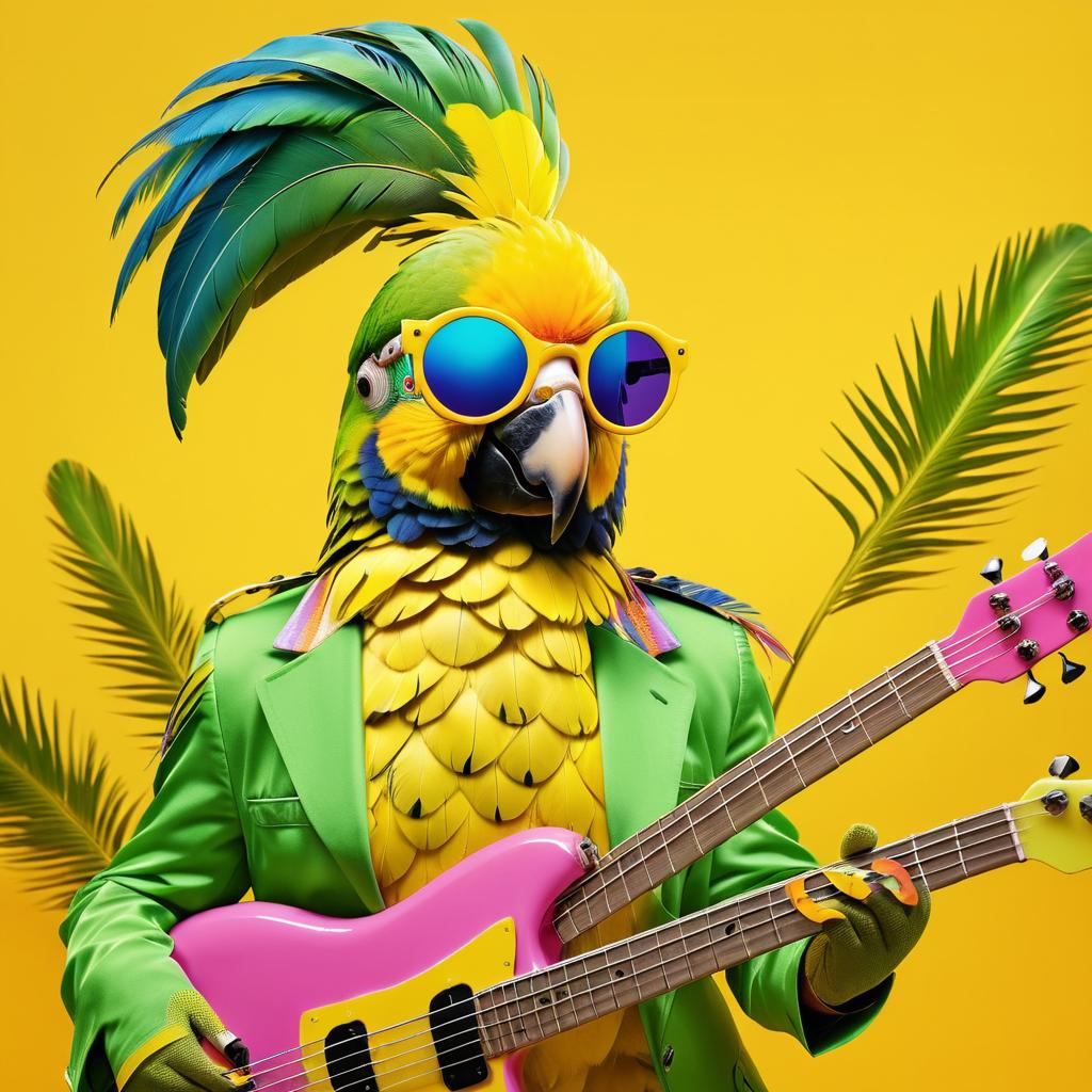 Vibrant Parrot Portrait with Bass Guitar