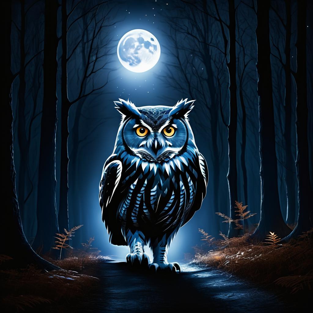 Owl Walking on Moonlit Forest Path