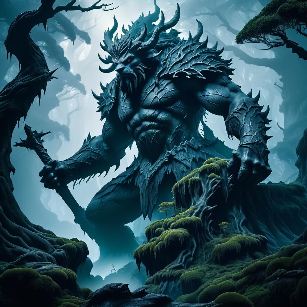 Misty Ancient Forest with Fearsome Beast