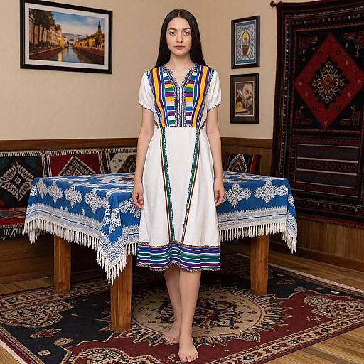 Photograph of a young woman with long black hair, wearing a white dress with colorful stripes, standing in a cozy, decorated room with a blue-pattern