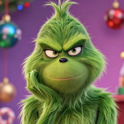 CGI close-up of a green, furry, cartoon monkey with a smug expression, large white eyes, and a raised hand against a colorful,