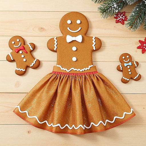 Photograph of gingerbread cookie dress with white icing details, bow tie, and skirt, flanked by smaller gingerbread cookie figures, on wooden surface