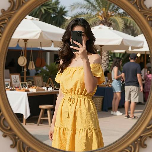 Woman Taking Selfie in Yellow Dress at Outdoor Market