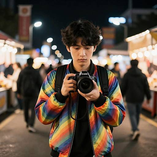 Festival Photographer in Rainbow Swirl Jacket