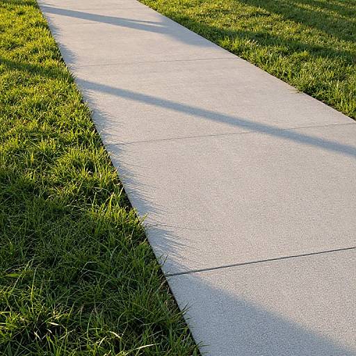Photograph of a narrow, smooth concrete sidewalk bordered by vibrant green grass, with sunlight casting long, soft shadows.