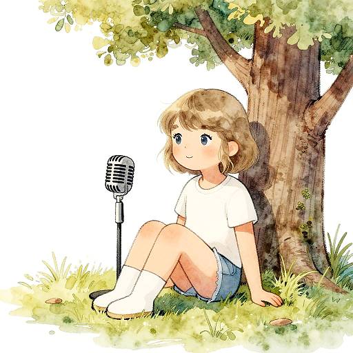 Cartoon Girl Sitting Under Tree with Vintage Microphone