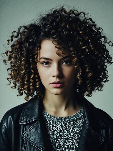 Portrait of Woman with Curly Hair in Leather Jacket