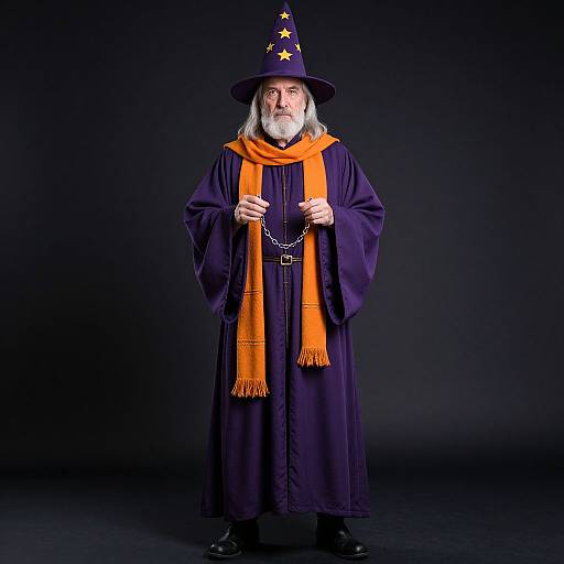 Photograph of an older white man with a white beard, wearing a purple wizard robe, orange scarf, and star-adorned hat, standing against