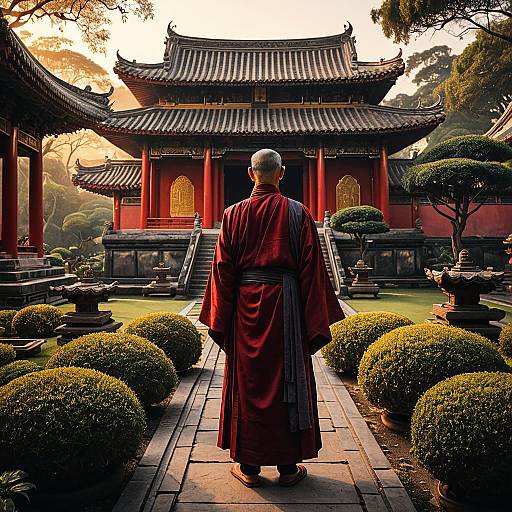 Elderly Monk in Tranquil Temple Garden