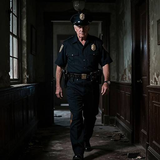 Photograph of a serious, middle-aged male police officer in dark uniform and hat, walking down a dimly lit, dilapidated hallway with pe