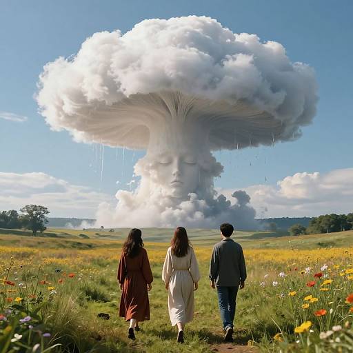 Photograph of three people in period clothing, standing in a colorful field, gazing at a massive, cloud-like mushroom formation in a bright, blue