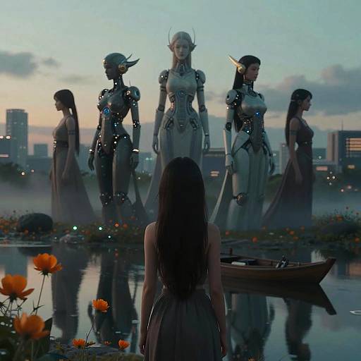 Digital artwork: Back view of a girl with long brown hair, facing four futuristic, robotic, armored women in dresses, against a twilight cityscape reflected