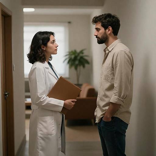 Hallway Encounter: Lab-Coat Woman and Man