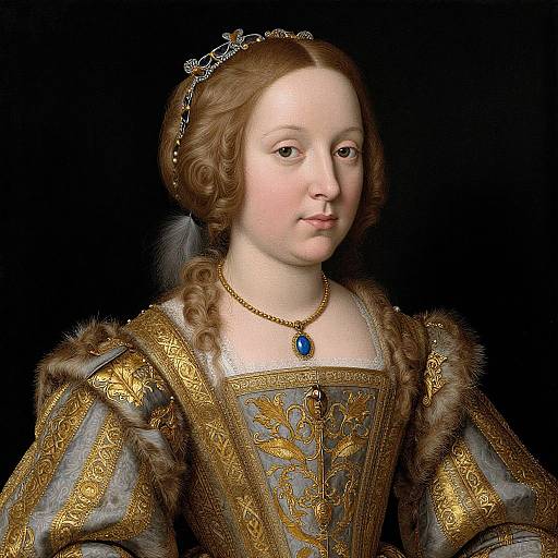 Renaissance-style portrait of a young, pale-skinned woman with brown hair, wearing a gold-embroidered gown, fur trim, blue