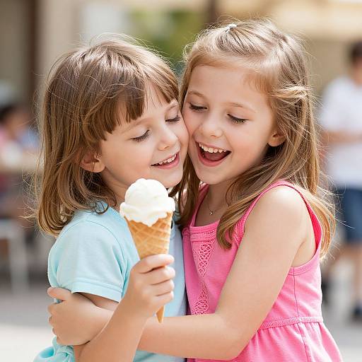 Photograph of two smiling young girls, one with brown hair and a blue shirt, the other with light brown hair and a pink dress, sharing an