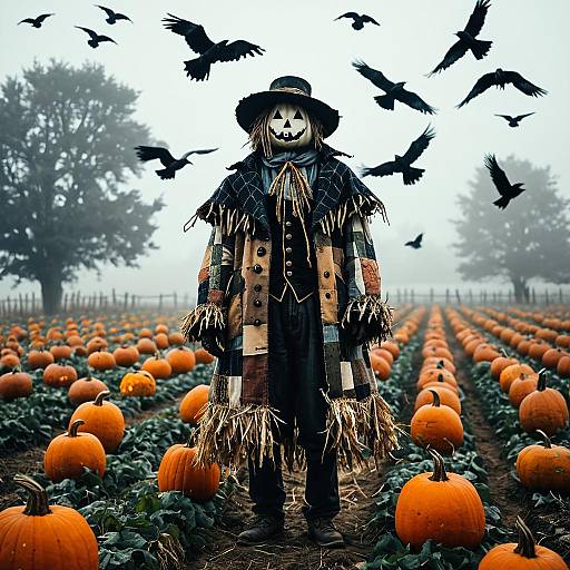 Eerie Scarecrow in Pumpkin Patch with Crows
