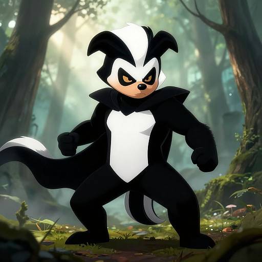 Digital illustration of a fierce, black-and-white skunk cartoon character standing in a sunlit, misty forest, with moss-covered ground and mushrooms.