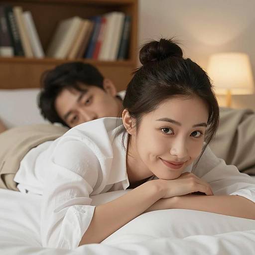 Smiling Woman Lying on Bed with Man in Bedroom