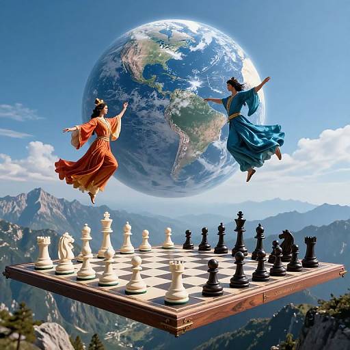 Photograph-style CGI: Two dancing women in orange and blue dresses, mid-jump, surround a floating chessboard with black and white pieces, against