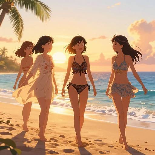 Digital anime-style illustration of four young women walking on a sunlit beach at sunset, wearing bikinis and a flowy dress.