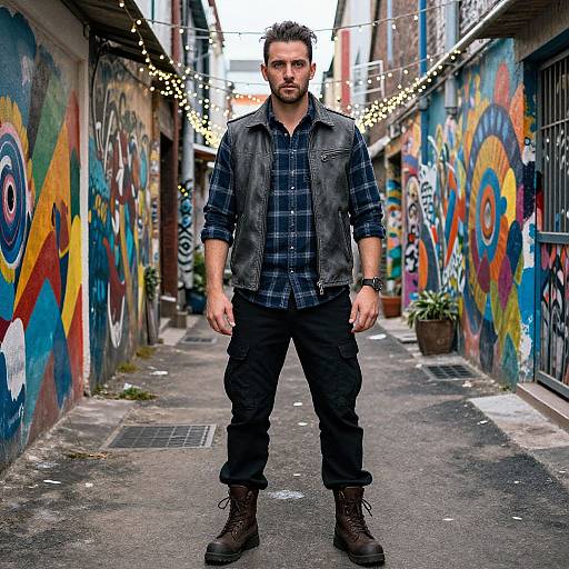 Confident Man in Vibrant Street Art Alley