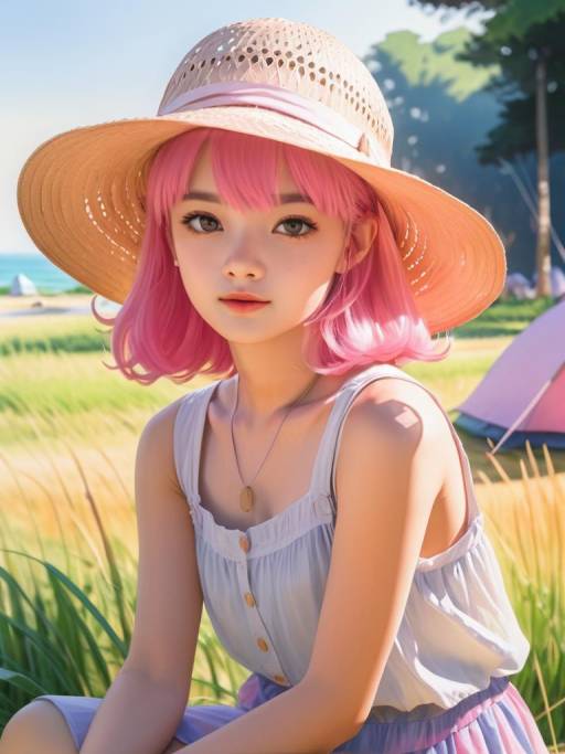 Young Woman with Pink Hair Wearing Sun Hat Outdoors