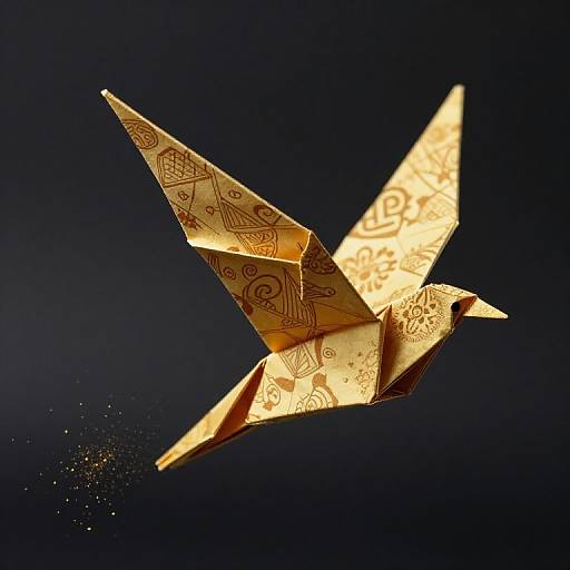 Photograph of an intricately folded, gold paper bird with ornate patterns, flying against a dark blue background, with small paper particles trailing behind.