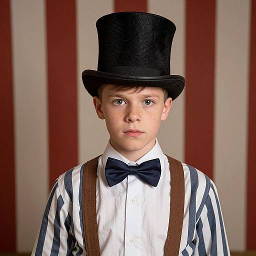 Young boy in vintage attire: black top hat, blue-striped shirt, brown suspenders, navy bow tie, against red and white striped background. Photograph