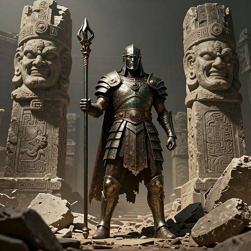 CGI image of a muscular, armored warrior with a helmet holding a spear, standing between two ancient stone pillars with carved faces in a ruined, rocky