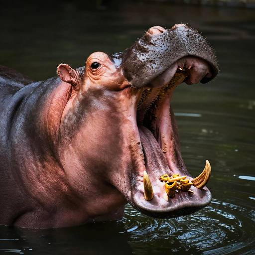Photograph of a hippo with its mouth wide open, revealing yellowed teeth and partially eaten yellow fruit, in dark, rippling water.