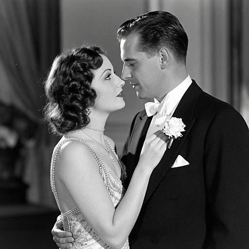 Black-and-white photograph of a vintage couple in formal attire, dancing closely; woman in beaded dress, man in tuxedo with bow tie.