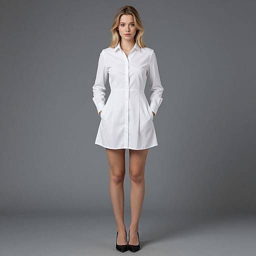 Photograph of a blonde woman in a white, long-sleeve, button-up dress with hands in pockets, standing against a gray background, wearing
