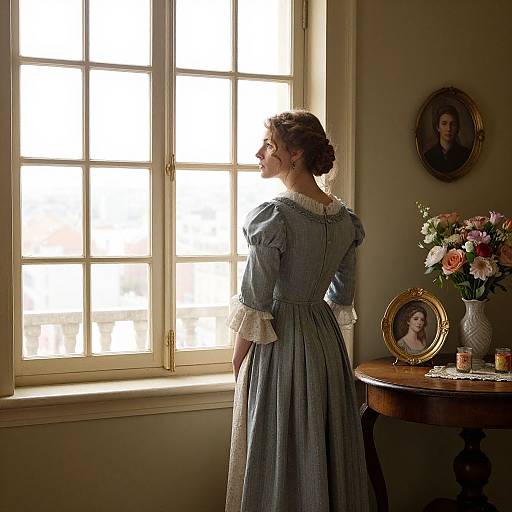 Photograph of a woman in a blue Victorian dress, standing by a sunlit window, gazing outside, with floral vase and portrait on wooden table