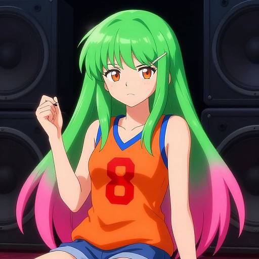 Digital anime-style drawing of a green-haired girl with pink tips, wearing an orange tank top with a red 