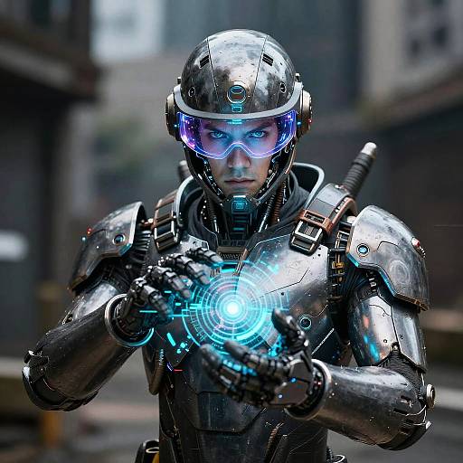 Photorealistic CGI of a futuristic armored soldier with glowing blue visor and holographic chest display, standing in a blurred urban background.