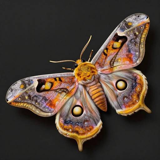 Photograph of a vibrant, detailed moth with iridescent wings showcasing orange, black, and white patterns, and two prominent yellow spots, set against