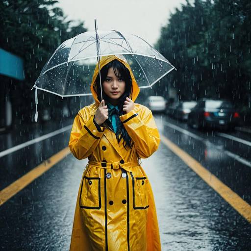 Woman in Yellow Raincoat Holding Clear Umbrella on Rainy Street