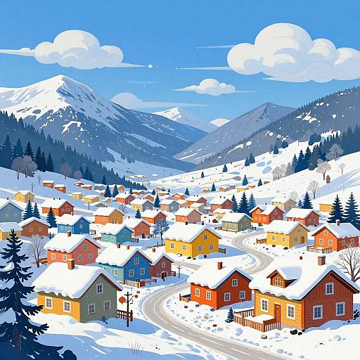 Colorful winter village with snow-covered houses in red, yellow, blue, and green, winding road, and snow-capped mountains in the background.