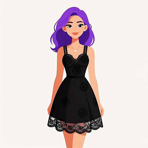 Digital illustration of a cute, purple-haired woman in a black, lace-trimmed dress, standing against a plain white background.