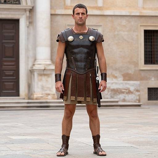 Photograph of a muscular man in ancient Roman armor standing in a sunlit, stone-paved courtyard with a weathered building background.