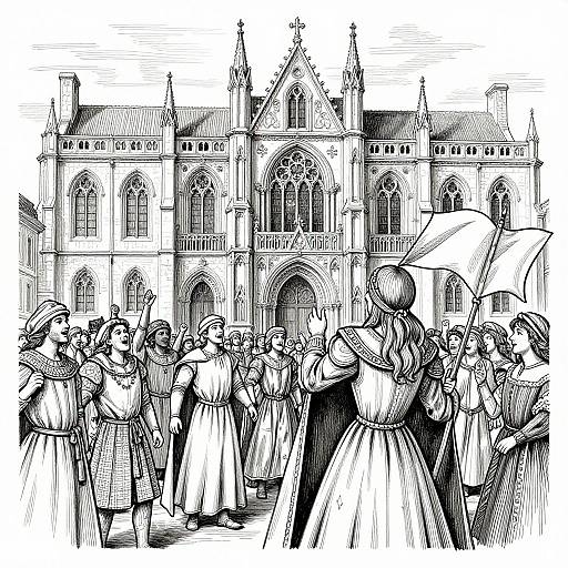 Black-and-white ink drawing of a medieval crowd in front of a Gothic cathedral, with men in tunics and women in long dresses, some holding umb
