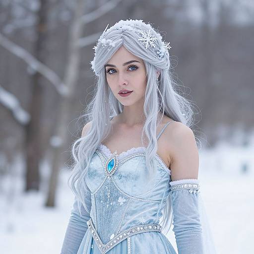 Photograph of a fair-skinned woman with long silver hair, blue eyes, wearing a silver snow queen costume with crown, and gloves, standing in